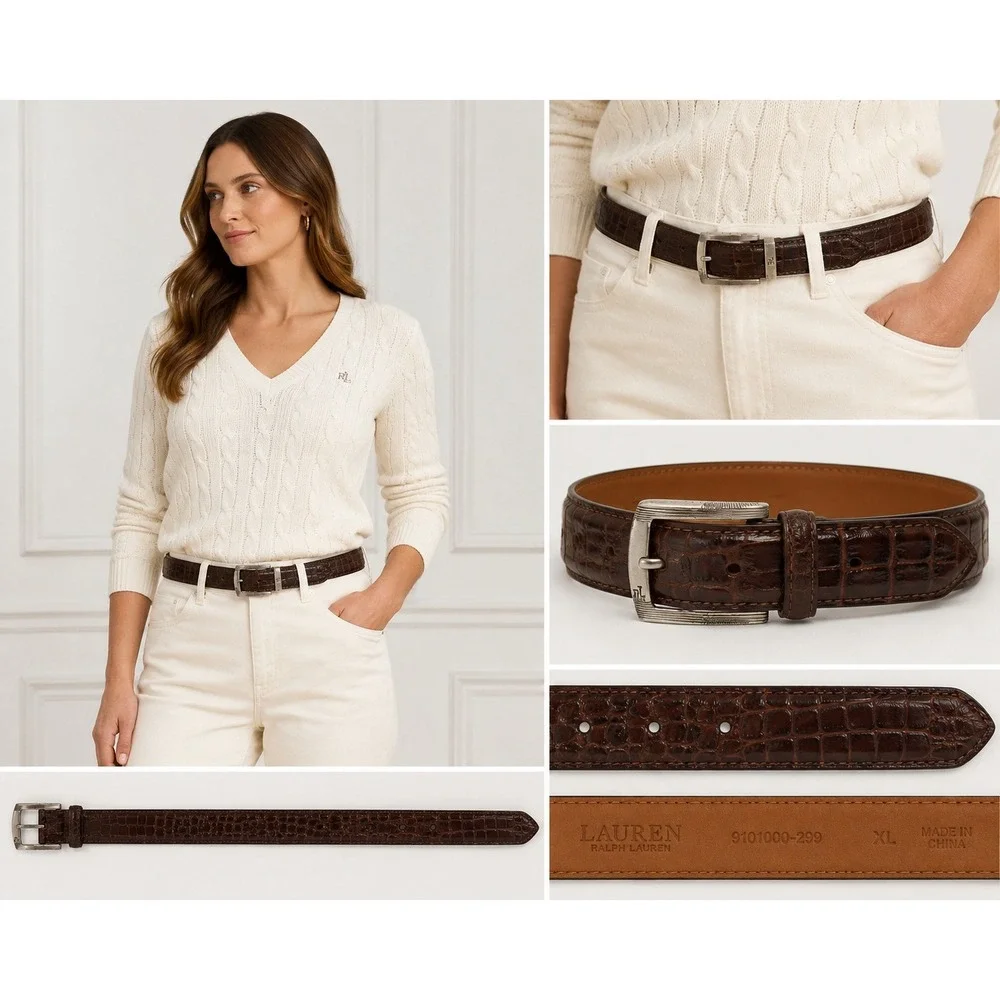 Lauren Ralph Lauren Brown Croc Embossed Italian Leather Belt XL 9101000-299